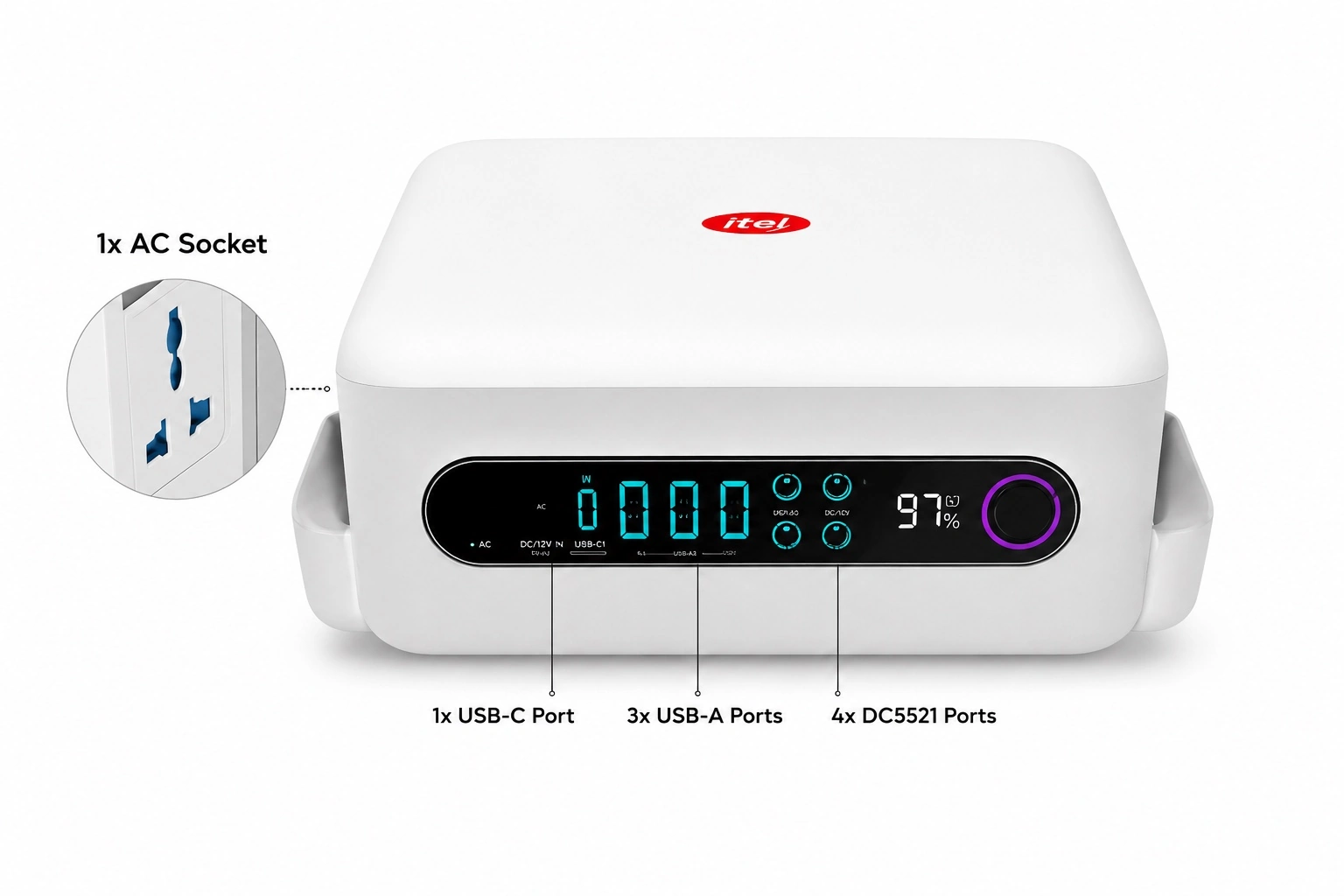 Power Go Pro AC, USB-C, three USB-A and four DC5521 output connections